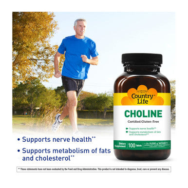 Country Life Choline 266Mg 100 Tablets Certified Gluten Free Certified Vegan Certified Halal