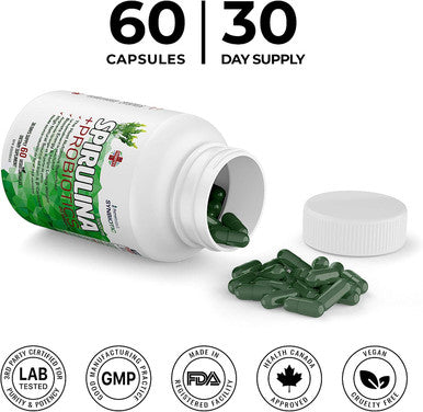 AzmaBiotech Synbiotic | Spirulina 1000 mg + Probiotic 20 Billion | 60 Vegan Capsules