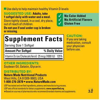 Nature Made Vitamin D3 1000 Iu (25 Mcg) Softgel Dietary Supplement For Bone Teeth Muscle And Immune Health Support 300 Day Supply 300 Count (Pack Of 1)