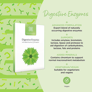 Healthspan Digestive Enzymes 60 Capsules Amylase Lactase Lipase Protease Added Chromium Aids Digestion Vegan
