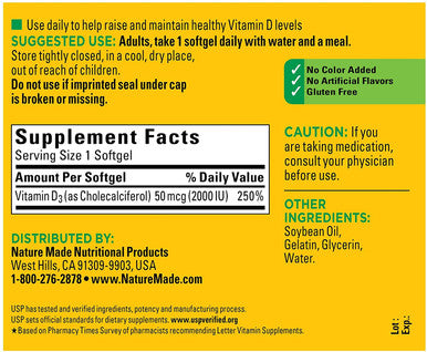Nature Made Vitamin D3, 250 Softgels, Vitamin D 2000 IU (50 mcg)