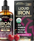 Liquid Iron Supplement For Women 18 Mg Usda Organic Drops UsaMade With Folate Vitamin B12 and B6 Iron Level and Energy Gentle and High Absorption Glycinate Form Cherry Flavor SugarFree 4 Oz