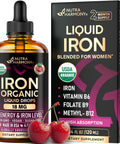 Nutraharmony Liquid Iron Supplement For Women 18 Mg - Usda Organic Drops Usa-Made - With Folate Vitamin B12 & B6 - Iron Level & Energy - Gentle & High Absorption Glycinate Form - Cherry Flavor Sugar-Free 4 Oz