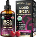 Nutraharmony Liquid Iron Supplement For Women 18 Mg - Usda Organic Drops Usa-Made - With Folate Vitamin B12 & B6 - Iron Level & Energy - Gentle & High Absorption Glycinate Form - Cherry Flavor Sugar-Free 4 Oz