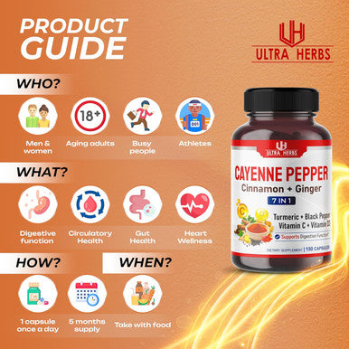 Ultra Herbs Cayenne Pepper 7 IN 1 - 16250mg - with Ginger Turmeric Cinnamon Black Pepper - Promotes Digestive System Function (150-day supply (pack of 1))