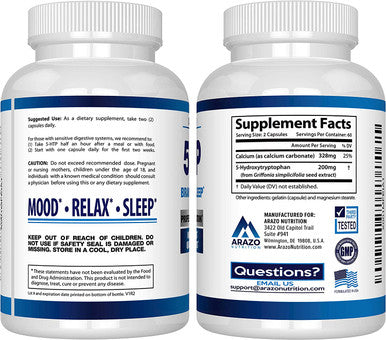 5HTP 200mg Plus Calcium for Mood Sleep Supports Calm and Relaxed Mood 99 High Purity 120 Capsules Arazo Nutrition