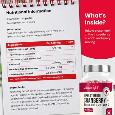Vitabright Cranberry Capsules with Vitamin C and Probiotics for Women Naturally Containing D Mannose 75 Days UTI Relief D-mannose & Cranberry Tablets for Urinary Tract VitaBright UTI Pills