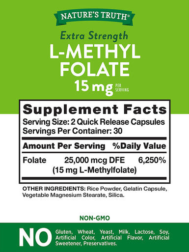 L Methylfolate 15mg | 60 Capsules | Non-GMO & Gluten Supplement | Extra Strength | by Natures Truth
