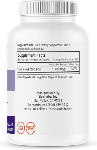 Bestvite Folic Acid 1000mcg (Vitamin B9) (240 Vegetarian Capsules) - No Dicalcium Phosphate - No Stearates -No Silicon Dioxide - Non GMO - Gluten