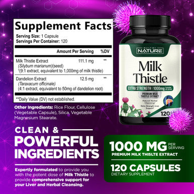 Built Nature Milk Thistle 1000Mg - Liver Detox Supplement With Silymarin Extract & Dandelion Root Gentle Herbal Liver Cleanse For Men & Women - Liver Health Support - Non-Gmo - 120 Veggie Capsules