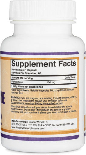 Pterostilbene Supplement 100Mg Capsules (Third Party Tested) 60 Capsules, Superior To Resveratrol, Antioxidant For Longevity Support (Non-Gmo, Gluten Free) By Double Wood