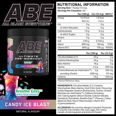 Applied Nutrition ABE Pre Workout All Black Everything Pre Workout Powder Energy and Physical Performance with Citrulline Creatine Beta Alanine (375g 30 Servings) (Candy Ice Blast)