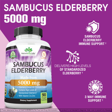 NaturaLife Labs Sambucus Elderberry 5,000 mg Super Concentrated 65:1 with Vitamin C & Zinc 90 Veggie Capsules