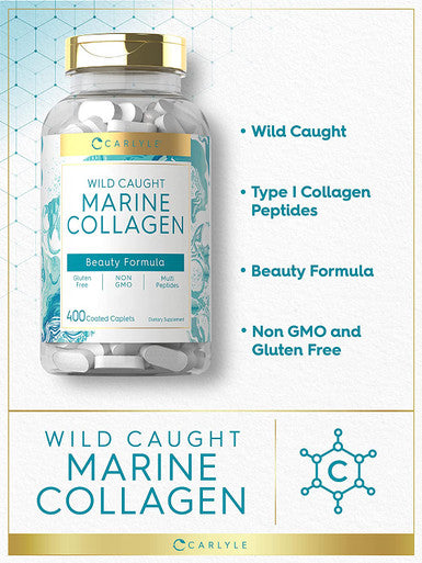 Carlyle Marine Collagen Peptides | 400 Caplets | Wild Caught | with Hyaluronic Acid | Non-GMO, Gluten Free