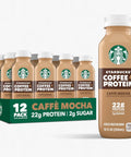 Starbucks Coffee & Protein, Caffe Mocha, 12 fl oz Bottles, (12 Pack), 22g Protein, 2g Sugar, No Added Sugar, 5g Prebiotic Fiber, High Protein Iced Coffee
