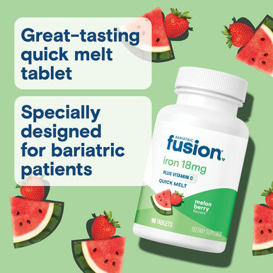 Bariatric Fusion Iron Supplement For Women Quick Melt Sugar Dissolvable Chewable Iron Tablets Ferrous Fumarate 18 Mg Iron With Vitamin C Melon Berry Gluten, Dairy And Soy 90 Count