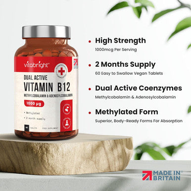 Vitamin B12 Tablets High Strength 1000Mcg Methylcobalamin And Adenosylcobalamin Vitamin B12 Complex, Methylated B12, Vegan B12 Vitamin Tablets (Not Liquid, Not Spray) Vitabright Vit B12 Supplements
