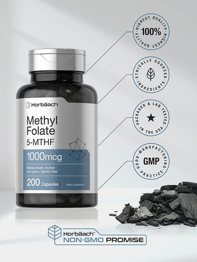 Horbaach Methyl Folate 1000 mcg 200 Capsules 5-MTHF Folic Acid Supplement Non-GMO Gluten Free Methylfolate by Horbaach