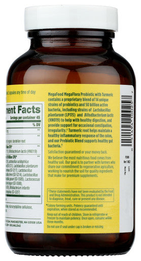 MegaFood Megaflora Probiotic + Prebiotics + Turmeric - Probiotics For Women & Men - Probiotics For Digestive Health - 50 Billion Cfus - 14 Strains - Vegan - Non-Gmo - 90 Caps (45 Servings)