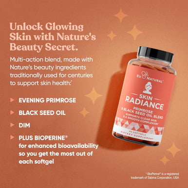 Eu Natural Radiance Flawless Skin & Complexion Hormonal Acne Skin Care Support Your Natural Beauty Building Blocks Cold Pressed Acne Pills Evening Primrose Oil Black Seed Oil & DIM 60 Liquid Softgels