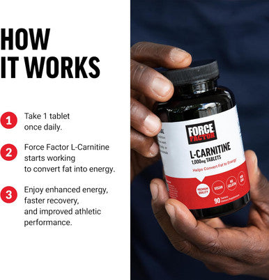 Force Factor L-Carnitine Supplement L Carnitine Tartrate 1000mg Tablets to Convert Fat Into Energy Support Muscle Recovery and Boost Exercise Performance Vegan Non-GMO 90 Vegetable Capsules