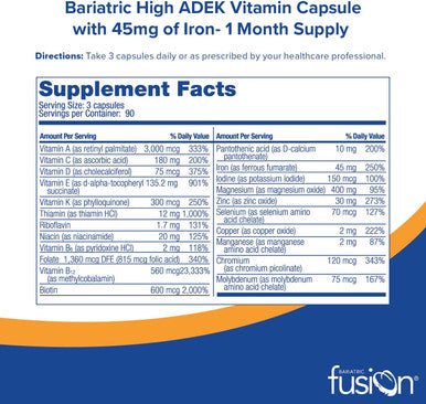 Bariatric Fusion High ADEK Multivitamin with Iron Bariatric Multivitamin for Duodenal Switch Easy to Swallow ADEK Vitamins Bariatric 90 Capsules One Month Supply