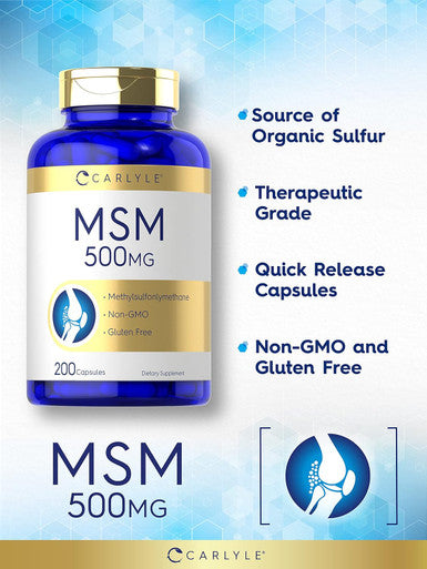 Carlyle MSM Supplement | 500mg | 200 Capsules | Non-GMO and Gluten Formula | Methylsulfonylmethane