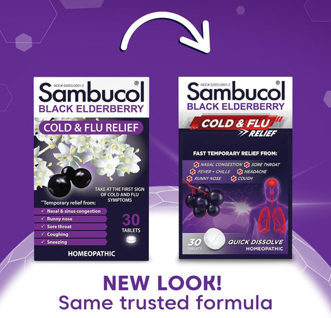 Sambucol Cold And Flu Relief Tablets - Homeopathic Cold Medicine Nasal & Sinus Congestion Relief Use For Runny Nose Coughing Cold Remedy For Adults - Black Elderberry 30 Count 2-Pack