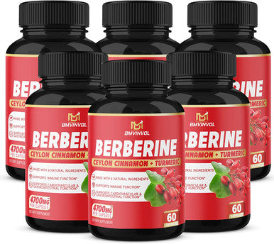 6 Packs Berberine Supplement 4700mg 12 Months Supply High Potency with Ceylon Cinnamon Turmeric Curcumin Cardiovascular Gastrointestinal Immune Support Berberine HCl Supplement Pills