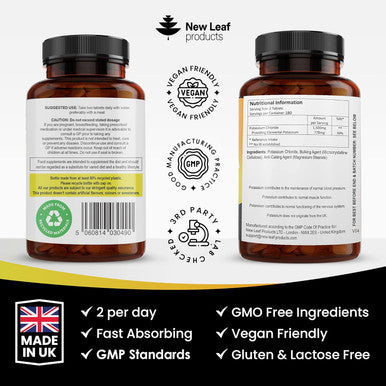 Potassium Supplements High Strength - 360 Vegan Potassium Tablets Mineral Electrolytes Supplement Contributes To Normal Muscle Function, Nervous System - Gluten-, Non-Gmo, Made In Uk By Leaf