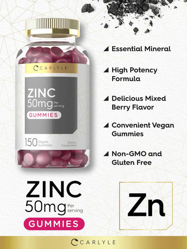 Carlyle Zinc 50mg Gummies | 150 Count | Vegan Non-GMO and Gluten Formula | Zinc Citrate Dietary Supplement