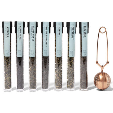 Thoughtfully Gourmet Tea Therapy Infusion Set 7 Unique Flavors and Reusable Copper Ball Infuser Loose Leaf Tea Set Flavors Include Peppermint Jasmine Vanilla Chai and More Set of 7