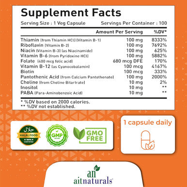 Aitnaturals Vitamin B-100 (100 Capsules) | Enriched B complex (B1 B2 B3 B5 B6 B7 B9 & B12) for Energy Production Mood & vitality Immune support Healthy Hair Skin Nails & Cognitive function