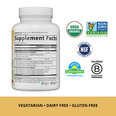 Garden of Life Vitamin C For Adults With Antioxidants and Citrus Bioflavonoids Now Certified Organic Living Vitamin C Non Gmo Whole Food Vegetarian Nutritional Supplement 60 Count (30 Day Supply)