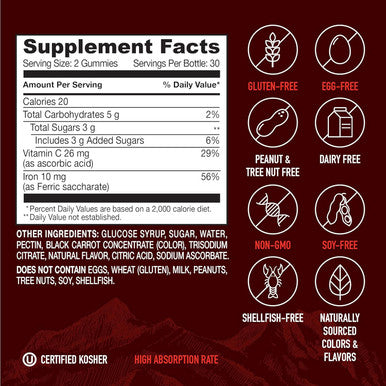 Strong Earth - Iron With Vitamin C Gummies For Adults, Teens & Kids (60 Count) Iron Supplements With Vitamin C Gummy Blood Builder Anemia Fe Iron Gummies Iron Supplement For Women And Men