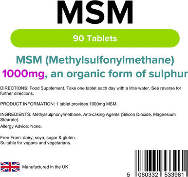 Lindens MSM 1000mg - 90 Vegan Tablets - Rich in Sulphur, Joint Support, Tissue, Joint Care Supplements | Natural Sulfur | (Methylsulfonylmethane) | (3+ Months Supply), UK Made, Letterbox Friendly