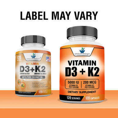 American Standard Supplements Vitamin D3 K2 (MK-7), Vitamin D3 (5000IU) + K2 (MK-7) 200mcg w/ Organic Coconut Oil 120 Veggie Capsules