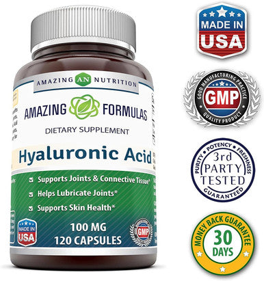 Amazing Nutrition Formulas Hyaluronic Acid 100 mg Capsules | Supplement | Non-GMO | Gluten | Made in USA (2 Pack 120 Count)