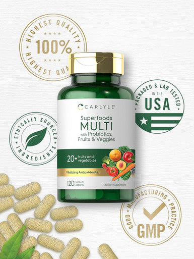 Carlyle Fruits And Veggies Supplement 120 Count Superfood Multivitamin With Probiotics Made With 20 Fruits And Vegetables Non-Gmo & Gluten Free
