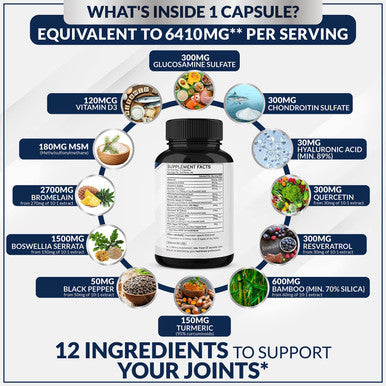 Premium Joint Support Supplement 180 Capsules 12 in 1 with Glucosamine Chondroitin MSM Turmeric Resveratrol Boswellia Serrata Black Pepper