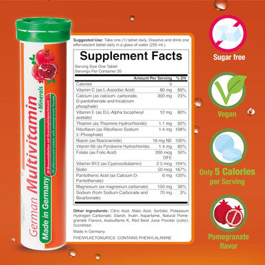 T&D German Multivitamin + Mineralien Drink Effervescent Tablets 140 Servings Pomegranate Flavour 10 Vitamins + 2 Minerals Made In Germany
