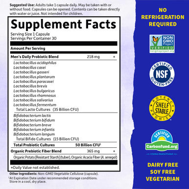 Garden of Life Probiotics For Men Dr Formulated 50 Billion Cfu 15 Probiotics + Organic Prebiotic Fiber For Digestive Colon & Immune Support Daily Gas Relief Dairy Free Shelf Stable 30 Capsules