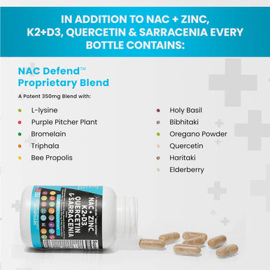 NAC Supplement N-Acetyl Cysteine 1000mg Vitamin D3 K2 Zinc Quercetin 1000mg Sarracenia Purpurea 1000mg with Elderberry Holy Basil Bee Propolis Bromelain L-Lysine - 60 Count