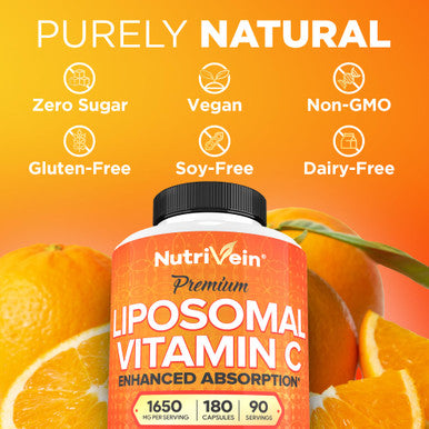 Nutrivein Liposomal Vitamin C 1650mg - 180 Capsules - High Absorption Ascorbic - Supports Immune System & Collagen Booster - Powerful Antioxidant