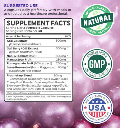 Super Antioxidant Supplement Powerful Super Food Antioxidants Blend Acai Berry Goji Berry Pomegranate Trans Resveratrol Natural Herbal Fruit Formula Skin Care 60 Capsules