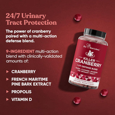 Eu Natural 9-In-1 Killer Cranberry Pills for Women UTI Defense Blend with Clinically Studied Ingredients 9 Extract Urinary Tract Supplement Pine Bark Propolis Vitamin D & More 60 Fast-Acting Capsules
