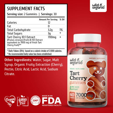 Wild & Organic Tart Cherry Gummies - Uric Support and Joint Support Supplement with Vitamin C | Substitute to Tart Cherry Extract Capsules, Pills, Juice or Powder | Vegan, | 60 Chews