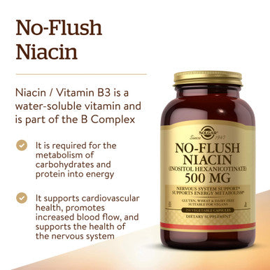 Solgar No-Flush Niacin 500 Mg 250 Vegetable Capsules - Cardiovascular Support - Supports Energy Metabolism - No-Flush Delivery - Vegan Gluten Free Dairy Free Kosher - 250 Servings