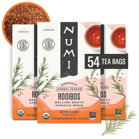 Numi Organic Rooibos Tea, 18 Herbal Tea Bags, Caffeine Free | South African Red Tea with Deep Earthy Vanilla Taste