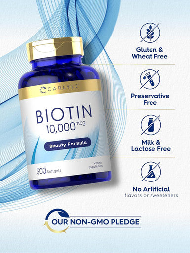 Carlyle Biotin 10000mcg | 300 Softgels | Max Strength | Non-GMO Gluten Supplement